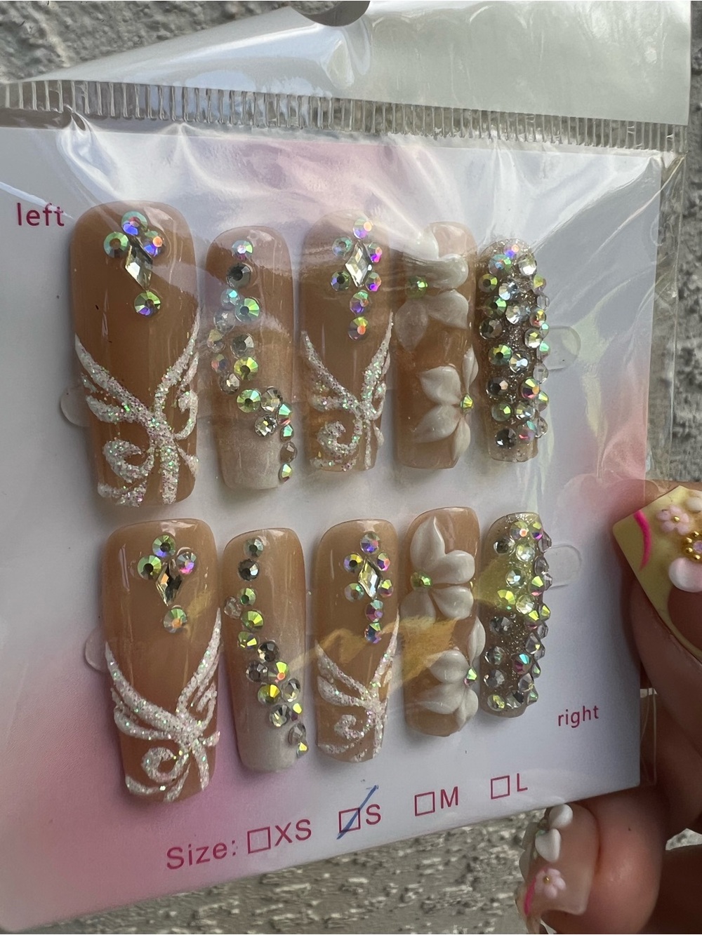 Handmade Long Press On Nails Sugar Nail Rhinestones Floral Size Small Set of 10